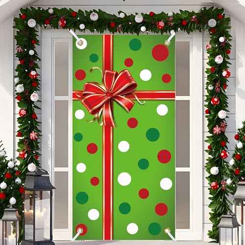 Christmas Door Cover Xmas Gift Box Door Hanging Banner Merry Christmas Front Doors Cover Backdrop Decorations for Holiday Indoor Outside Party Supplies, 70.9 x 35.4 Inch(Green Polka Dots)