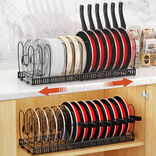 Housolution 2 Pack Black Pot and Pan Lid Organizer with 14 Adjustable Dividers