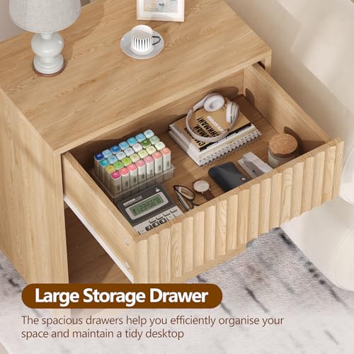 Fluted Nightstands Set of 2 - Mid Century Bedside End Tables - Natural Oak