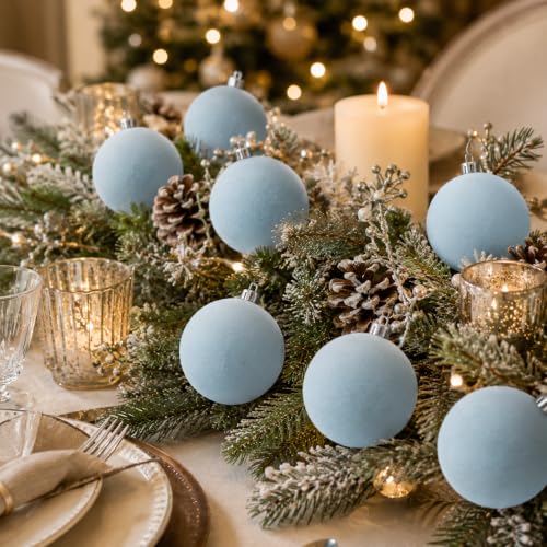 Senjie Dust Blue Velvet Christmas Ornaments Set 3.15 Inch - 18 pcs Holiday Decor