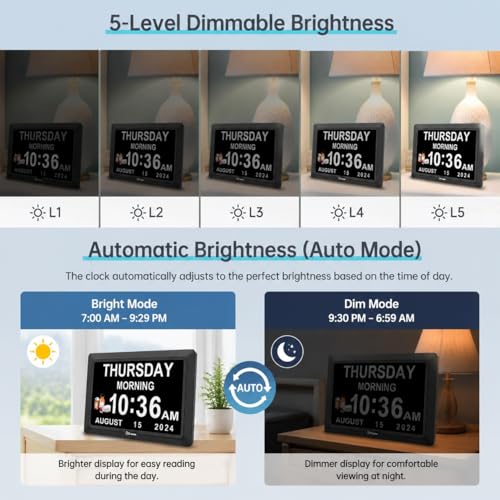 Soobest 7” Black Dementia Digital Clock for Seniors Large Display with Alarm & Auto Brightness