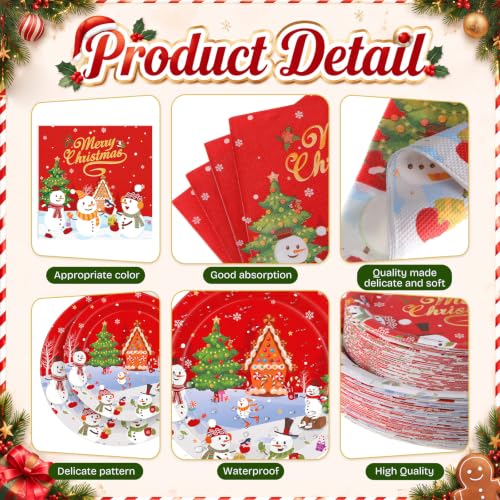Ceenna 452 Pcs Christmas Tableware Set Red Gold - Snowman Theme, 50 Guests, Includes Plates Cups Napkins Cutlery & Tablecloths ( variation: Red Gold / Christmas )