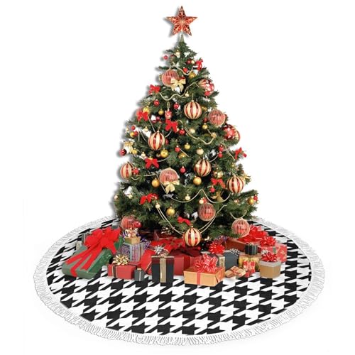 GHYGTY Xmas Tree Skirt 30" Black & White Houndstooth with Tassel Edge, Fits 30" Tree - Style 1