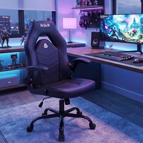 N-GEN Gaming Chair with Lumbar Support - PU Leather, Flip-Up Arms, Jet Black