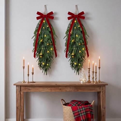 Green 2-Pack 36" Norfolk Pine Christmas Teardrop Swag with LED Lights - Holiday Decor