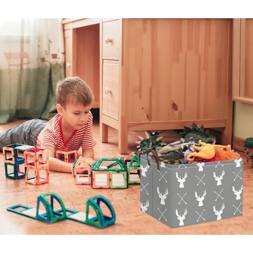 HIYAGON Baby Basket Cute Toy Bin for Boys and Girls Kids Storage Bin Organizer Box Gift Basket Empty Rectangular Deer Room Decor for Home(Grey deers)