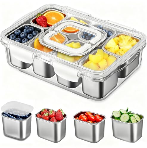 Silver Stainless Steel 8-Compartment Snackle Box Container with Lid & Handle - Large Travel Snack Tray