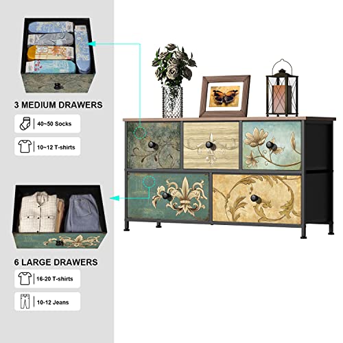 Fabric Dresser with 5 Drawers and Retro Floral Pattern – Bedroom Storage Chest, Wooden Top, 39W x 21.5H inches - Variation of THIS listing