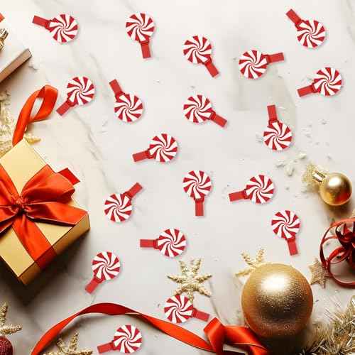 60Pcs Mini Christmas Wooden Clothespins & Clips with Candy Patches, Red Craft Supplies Xmas Buttons for DIY Photo Pegs Decor for Parties Homes & Schools