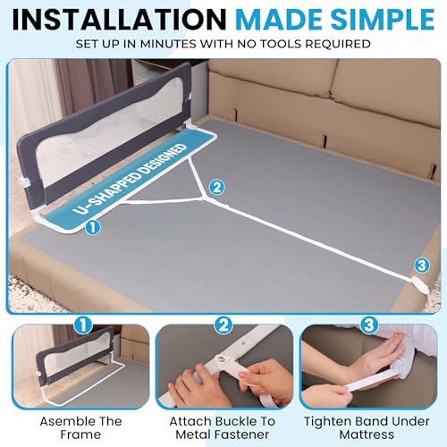 Toddler Bed Rail Guard - Adjustable Fit for Twin, Full, Queen & King Beds - Grey / 35.5"-47" L x 20.5"-25.6" H - ASTM Certified Safety