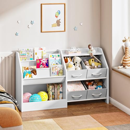 Kids Bookshelf with 3-Tier Fabric Slings & 4 Drawers, Toddler Toy Storage Organizer, White