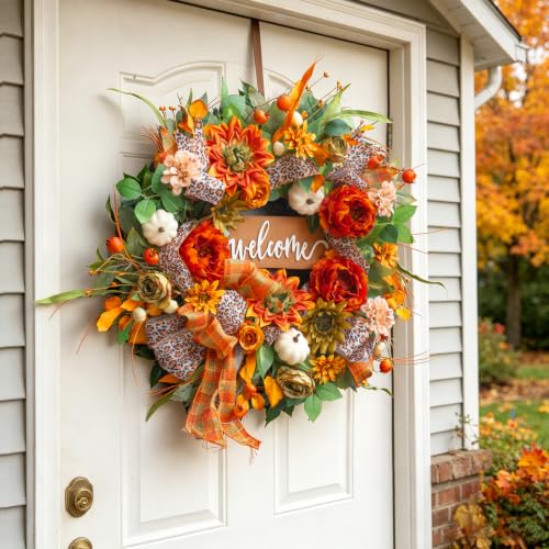 NaturaWre 24 Inch Fall Wreath with Welcome Sign & Leopard Ribbon - Autumn Front Door Decor