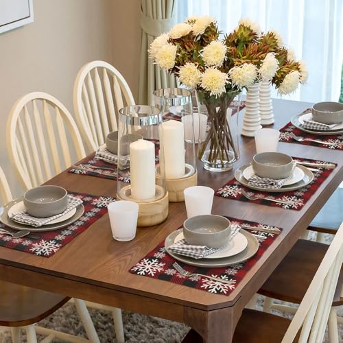 DAFENA Red Black Buffalo Plaid Snowflake Christmas Placemats Set of 4 12x18 Inches