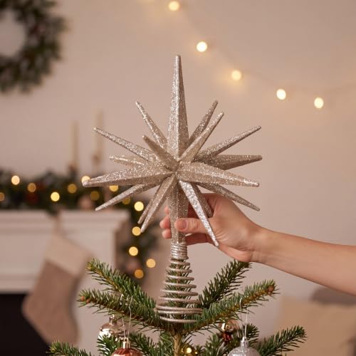 Junkin Champagne Gold Glitter Christmas Tree Topper 10 Inch Starburst