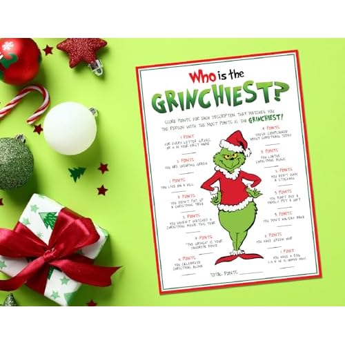 Pink Pixie Studio 15 Who is Most Like The Grinch Game Cards- Fun & Easy for Family Christmas Holiday Office Friends Church Party, Supplies, Activity, Decorations