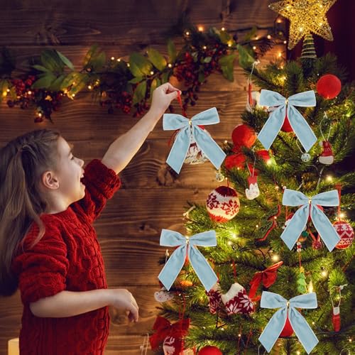 Christmas Velvet Bows Light Blue 24 Pack ? 3.5 Inch Holiday Tree Ornaments with Twist Tie Decorative Ribbon Bows for Christmas Tree, Wreath, Gift Wrapping & Party Decoration