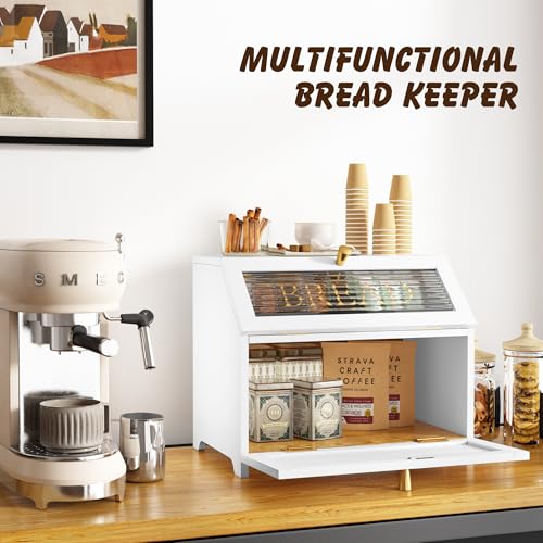 White Double Layer Bread Box with Golden Trim - Wooden Countertop Storage for Kitchen - Solid White