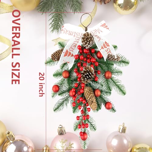 2 Pack Christmas Teardrop Swags with Berries & Pinecones – 20in Artificial Floral Wall Decor