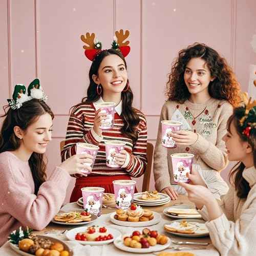 WRAPAHOLIC 50 Pcs Christmas Paper Cups - 9 oz Pink Santa Claus Disposable Cups, Holiday Party Supplies for Juice Coffee Hot Cold Beverage Drink
