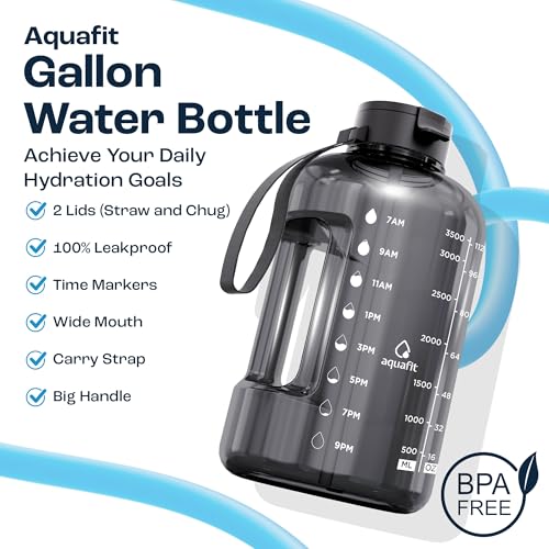 AQUAFIT 1 Gallon Water Bottle with Time Markers, Gray, 128oz, 2 Leak-Proof Lids