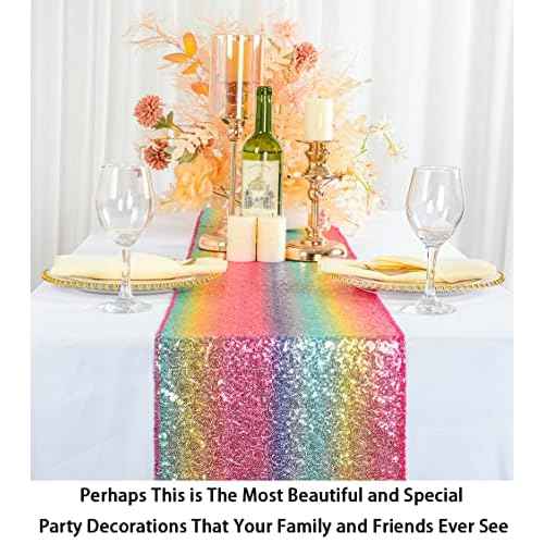 ShinyBeauty Sequin Table Runner 12x72 Inch Glitter Rainbow Sequin Tablecover Rectangle for Wedding Birthday Event Party Supplies (12x72, Colorful)