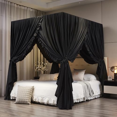 Mengersi King Size Black Canopy Bed Curtains Elegant Bedroom Decoration