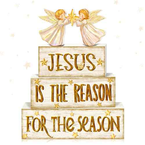 Britimes 4 Pcs Christmas Tiered Tray Decorations Set Jesus Angel Stack Block Signs Faith Christian Religious Holiday Decor for Table & Home Office (Jesus Reason)