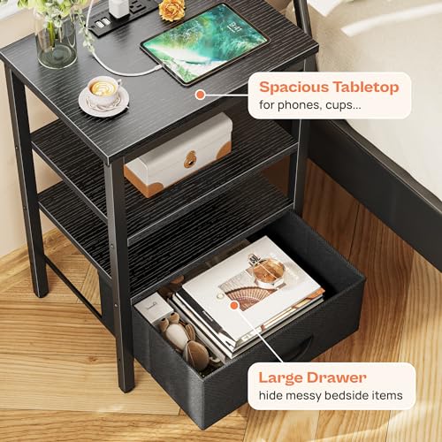 M-2 Nightstand Set of 2 with Charging Station Black 11.8"D x 15.7"W x 23.4"H