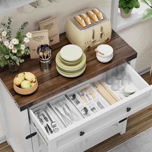YESHOMY Farmhouse Kitchen Storage Cabinet with Adjustable Dividers - White & Brown, 1 Piece