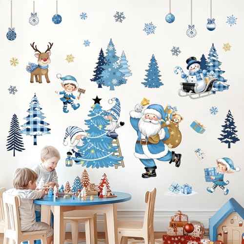 Decalmile Blue Santa Claus Christmas Window Wall Decals Pine Trees Reindeer Gnome Sticker Snowflake Snowman Clings Party Showcase Decorations