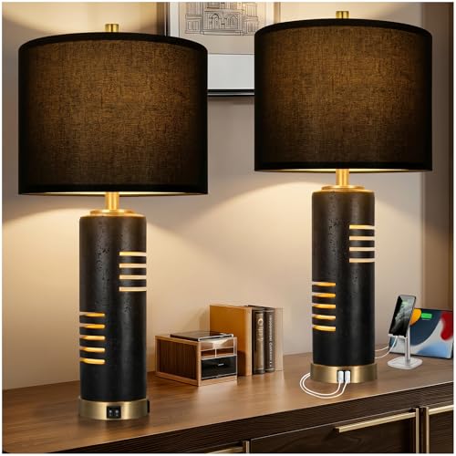 Black Faux Stone 27.5-Inch Table Lamps Set of 2 with USB & Night Light