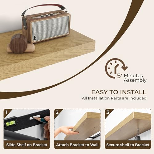Oak Floating Wall Shelves Set of 2 - 47.2 Inch Rustic Modern Storage