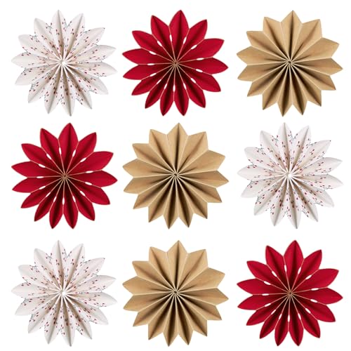 Balun Admhail 9Pcs Red White Brown Snowflake Paper Ornaments – Christmas Hanging Fans (Variation: Red and White)