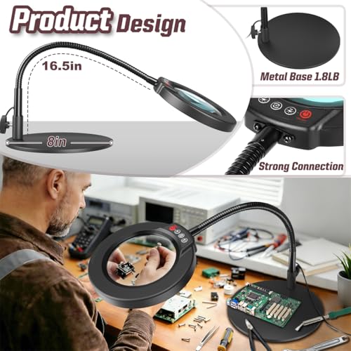 Black 10X Magnifying Lamp with 16.5in Flexible Gooseneck & Dimmable LED for Crafts & Precision Work