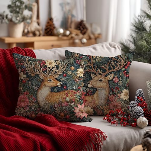 EUYTHNGYF Reindeer-2 Vintage Christmas Floral 18x18 Pillow Covers Set of 2