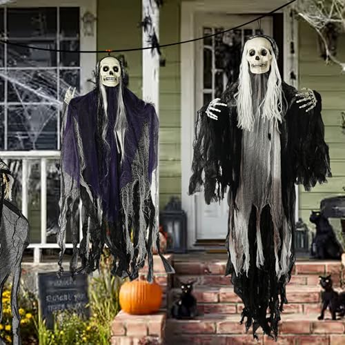 Halloween Hanging Skeleton Ghosts Decorations Set - Spooky Outdoor Reapers (3 Pack)