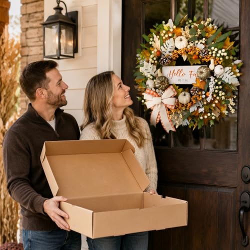 24-Inch Fall Wreath with Lights & Timer for Front Door - Farmhouse Decor