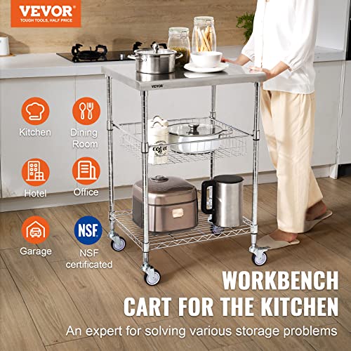 Utility Cart with Drawers - 24"D x 20"W x 36.6"H, 3 Tiers Steel Stationary & Rolling Storage