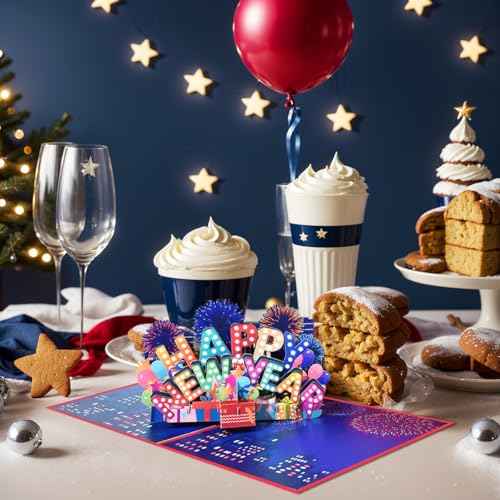 New Year Card Pop Up, Happy New Year Holidays Card, Colorful New Year's Cards, 3D Greeting Card for New Years, Include Envelope.