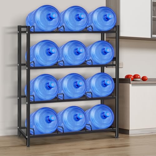 Jolybebe 12-Slot Black Water Bottle Storage Rack for 3-5 Gallon Jugs, Heavy Duty 4-Tier Organizer