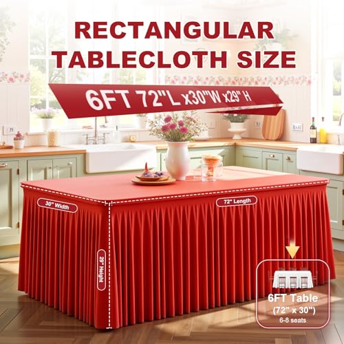 Red Spandex Tablecloth with Skirt for 6FT Tables – Wrinkle-Free,