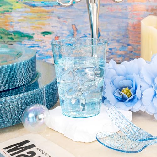 Rubtlamp 180Pcs Blue Glitter Disposable Dinnerware Set for 30 Guests — Plates, Cups & Silverware