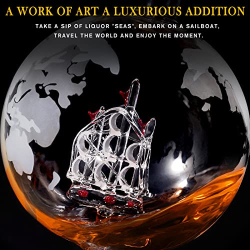 PONPUR Whiskey Decanter Globe Set with 850ml Bottle, 2 Glasses & Chill Stones for Men Dad