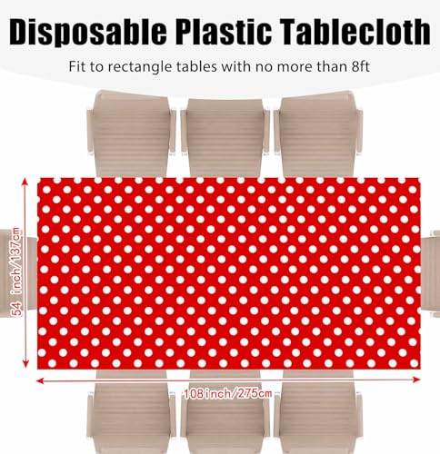 2 Pack Red Polka Dot Tablecloth 54 x 108 Inches - Disposable Plastic Party Cover, Red & White