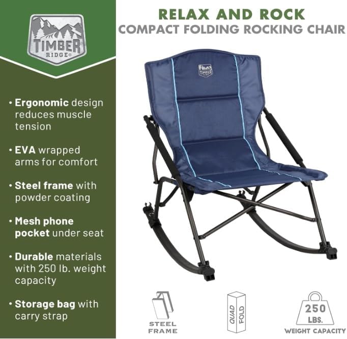 Timber Ridge Folding Rocking Camping Chair - Portable Outdoor Rocker with Carry Bag - Supports 250 lbs