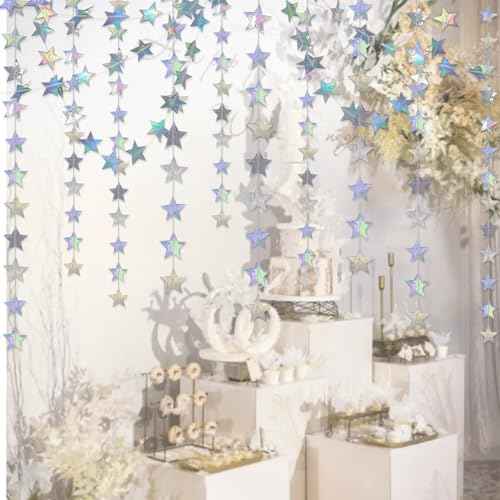 6 Pack Iridescent Star Paper Garland Holographic Twinkle Star Hanging Bunting Banner Backdrop for Christmas Birthday Party Decor Baby Shower Graduation Wedding Supplies