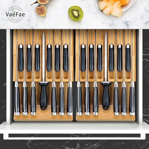 12 Slot Bamboo Knife Drawer Organizer - Universal Kitchen Knife Block with Sharpener Slot