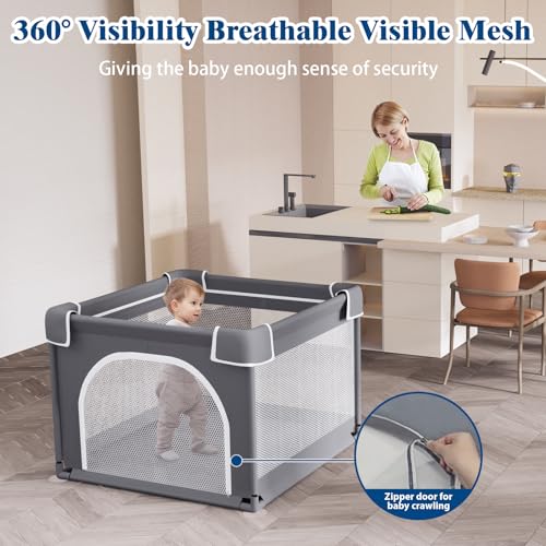 Jixrolyn 36x36 Inch Baby Playpen Dark Grey, Breathable Mesh Toddler Play Yard with Anti-Slip Base