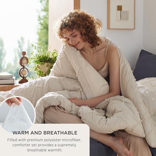 Bedsure Boho Tufted Beige Twin XL Comforter Set - Farmhouse Style Bedding