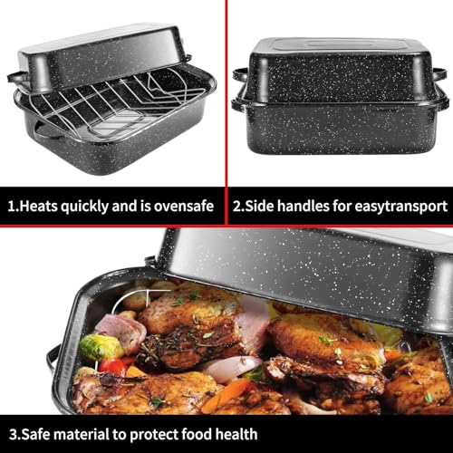 QPMR 21-Inch Rectangular Roasting Pan with V-Shaped Rack & Lid, 25lb Capacity